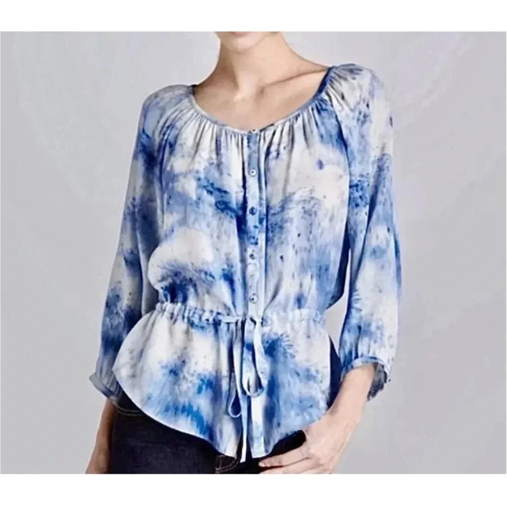Rebecca Taylor Women's Size 0 Blue Tie Dye Front Waist Tie Front Silk Blouse